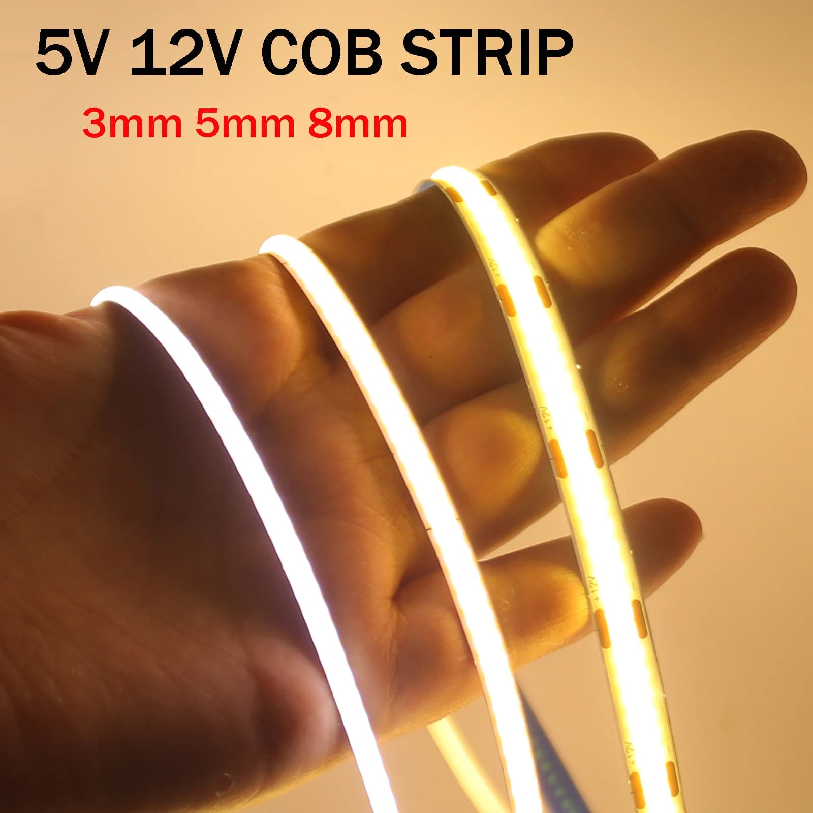 Bande LED COB USB DC5V, 3mm, 5mm, 8mm de largeur, 12V, 320LED, bande lumineuse LED Flexible avec adh