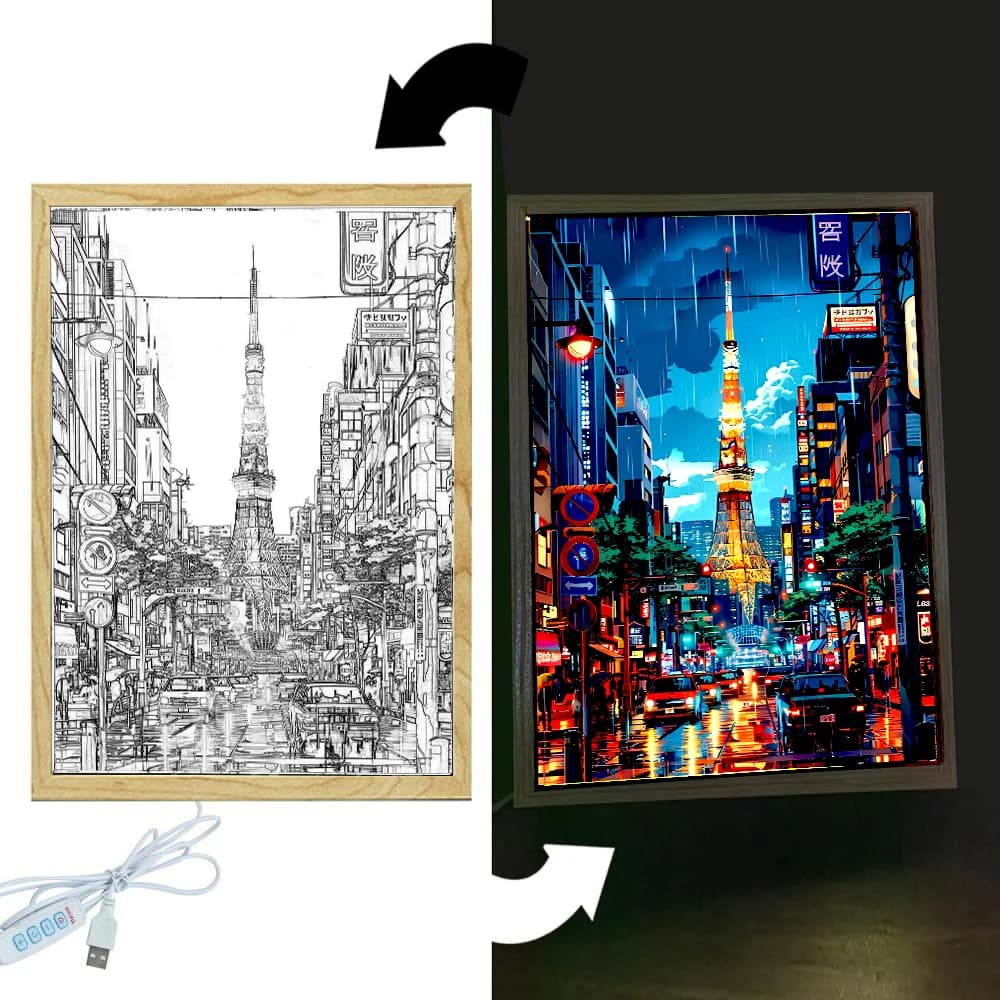 Belle ville Tokyo japon lumière peinture cadre Photo Led veilleuse lampes Table de chevet maison déc