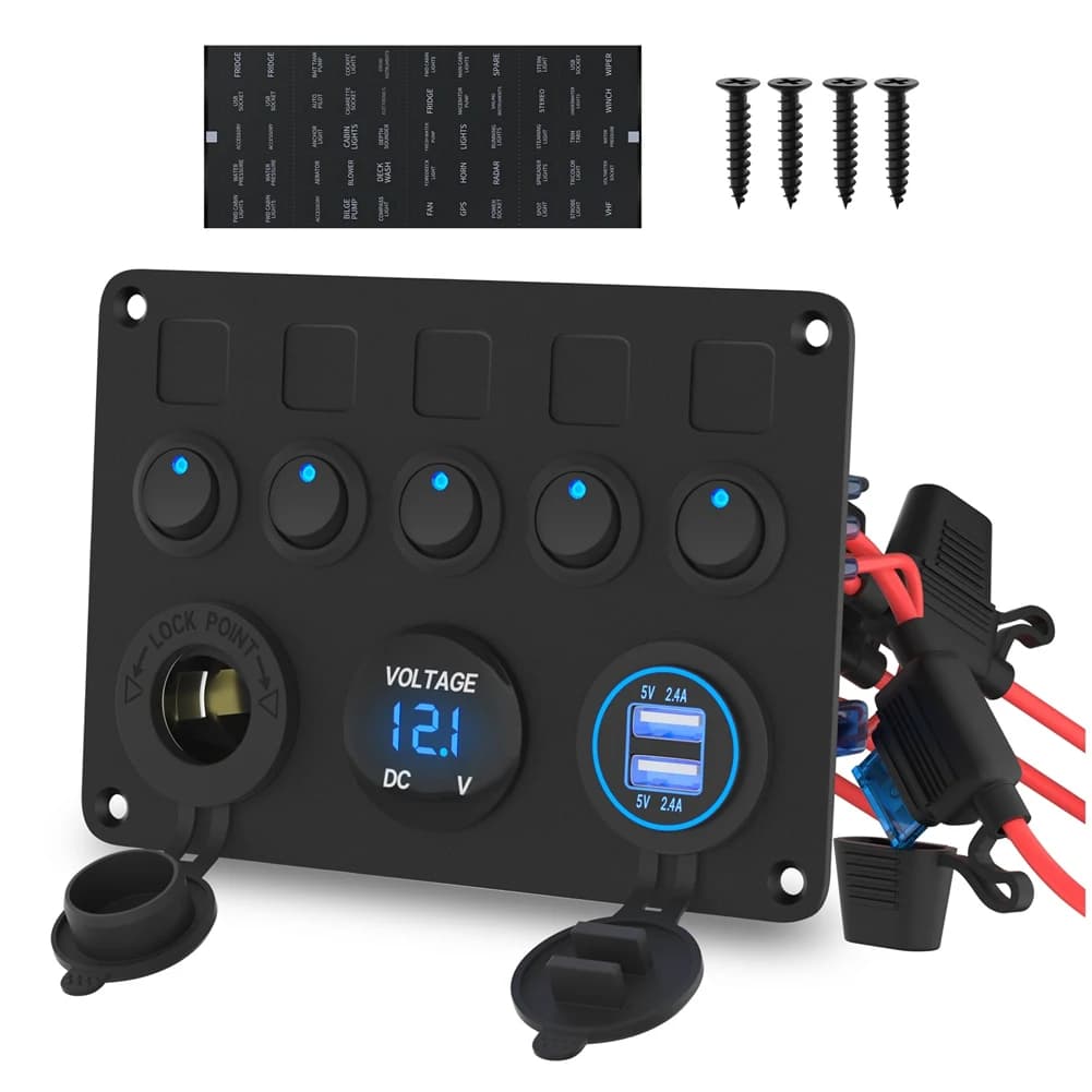 Nouveau! Panneau de commutation pour bateau à 5 interrupteurs LED bleus avec prise 12V et double por