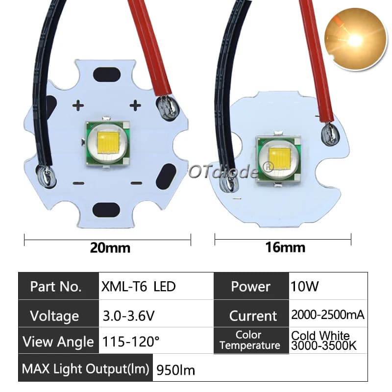 Diodes LED haute puissance XLM T6 5050-L2, 5W-10W, 3V, 3.7V, avec fil de câble, pour pièces de lampe