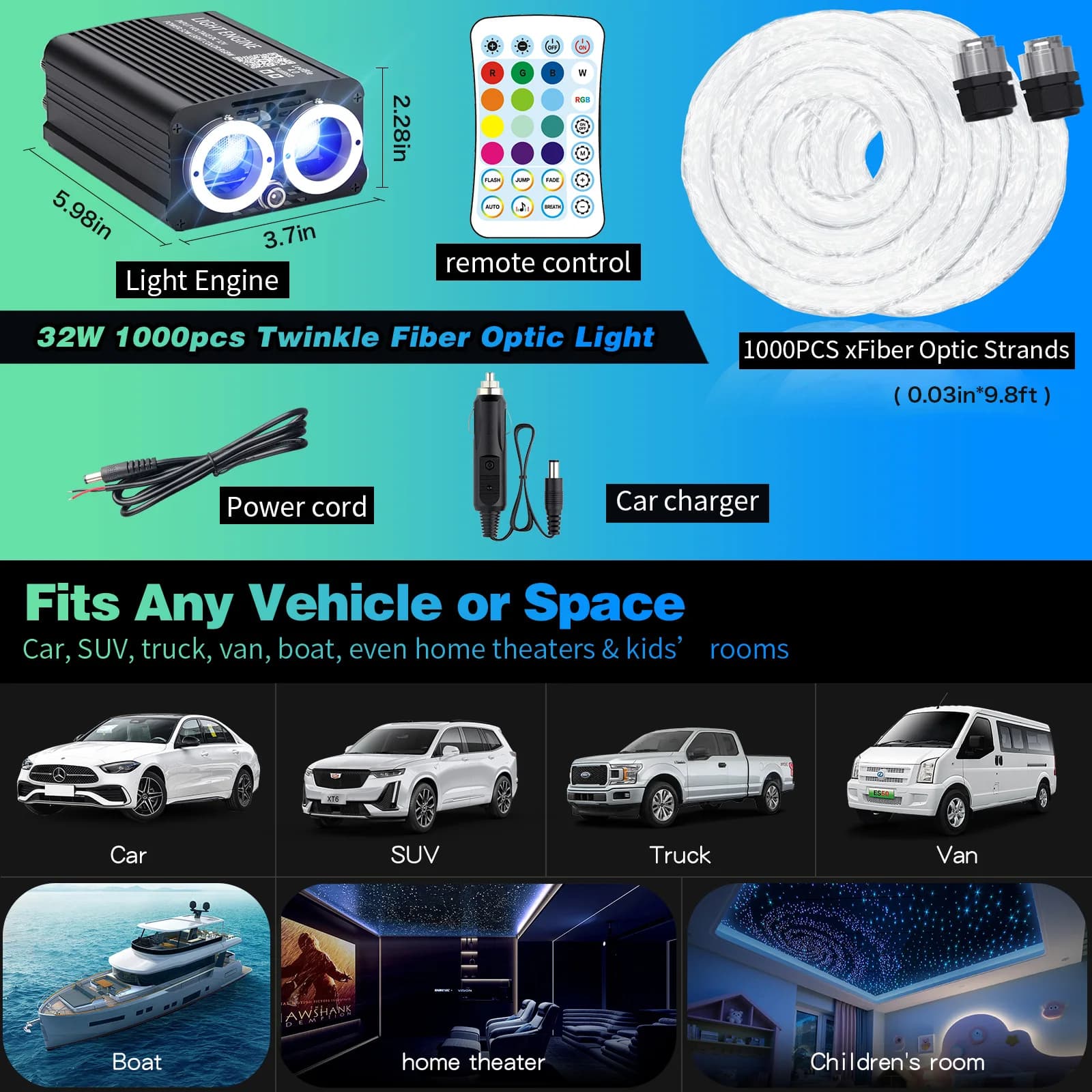 Kit de plafonnier Starlight bicolore 32W 1000 pièces, lumières scintillantes pour voiture (0,75 mm *