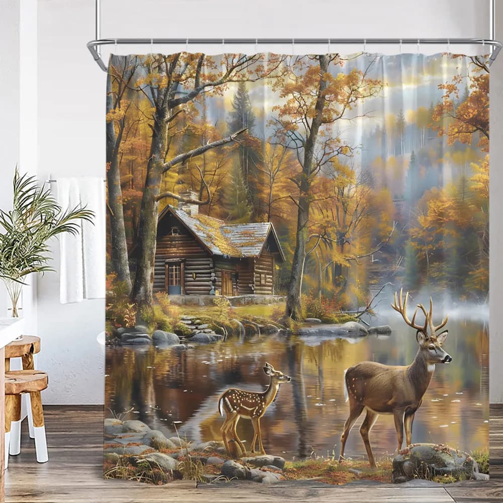 Rideau de douche en polyester avec paysage d'automne et de nature (cerfs, érables, cabanes, ruisseau