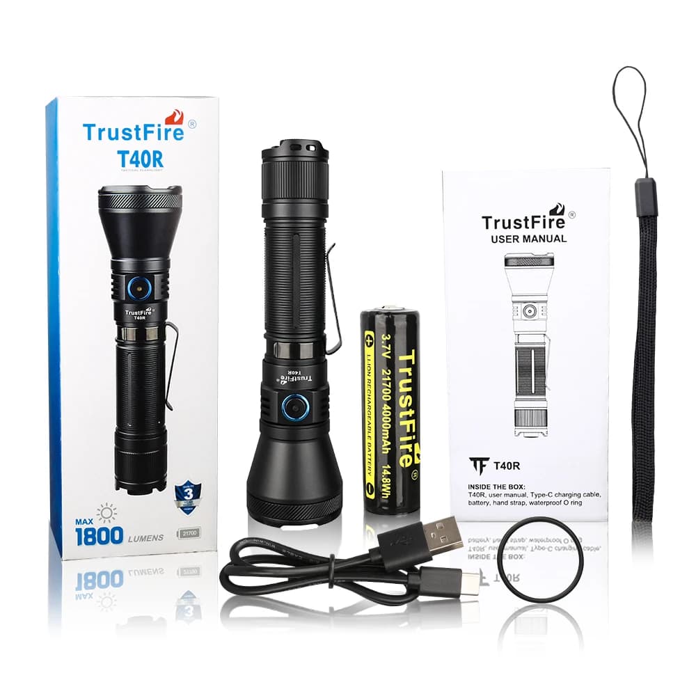 Lampe de poche LED aste avec chargement USB, torche d'autodéfense IP68, olla fire T40R, 1800 lumens,