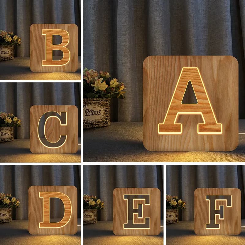 Veilleuse LED en bois pour chambre d'enfant, 26 lettres de A à Z, USB, boisé, creux, sculpté, décora