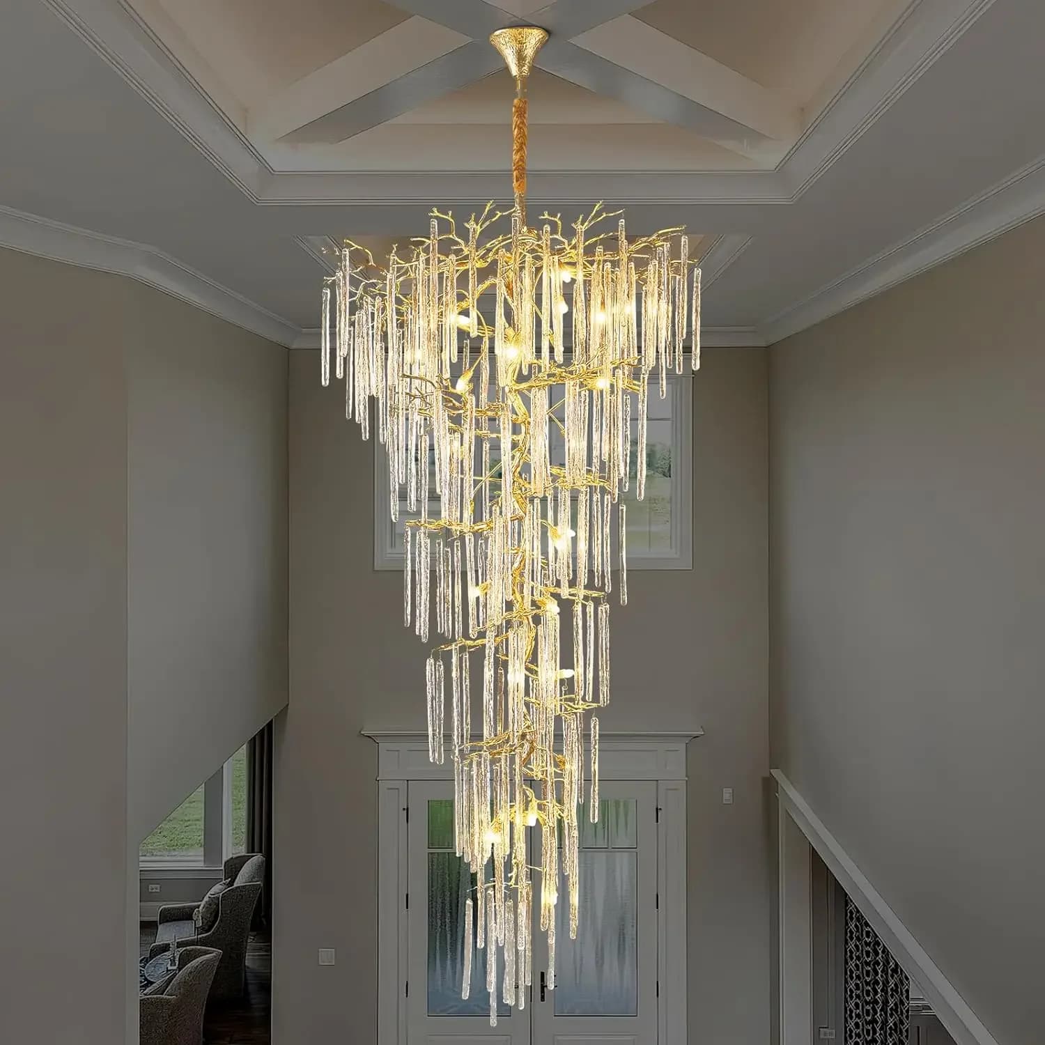 Lustre de plafond en cristal de branche d'or, haut plafond, escalier, escalier, loft, luxe