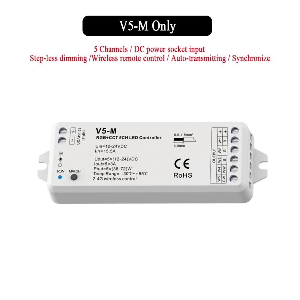 Contrôleur LED sans fil avec télécommande RF, 5 canaux, 2.4G, RGBCCT, RGBW, RGBWW, RGB, CCT, bandes 