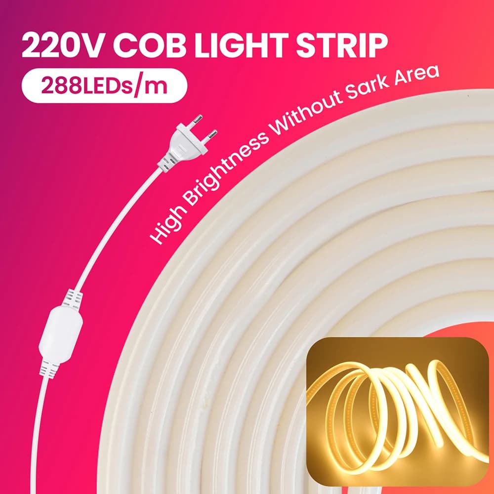 Bande lumineuse néon LED COB 220V, Kit d'alimentation avec variateur, 5m, 10m, 30m, 3000K, 4000K, 60