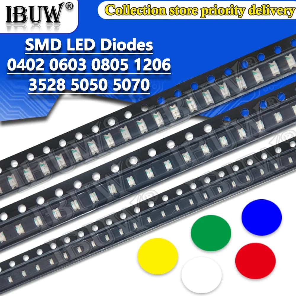 100 pièces 0402 0603 0805 1206 1210 3528 5050 5730 smd LED rouge jaune vert blanc bleu diode électro