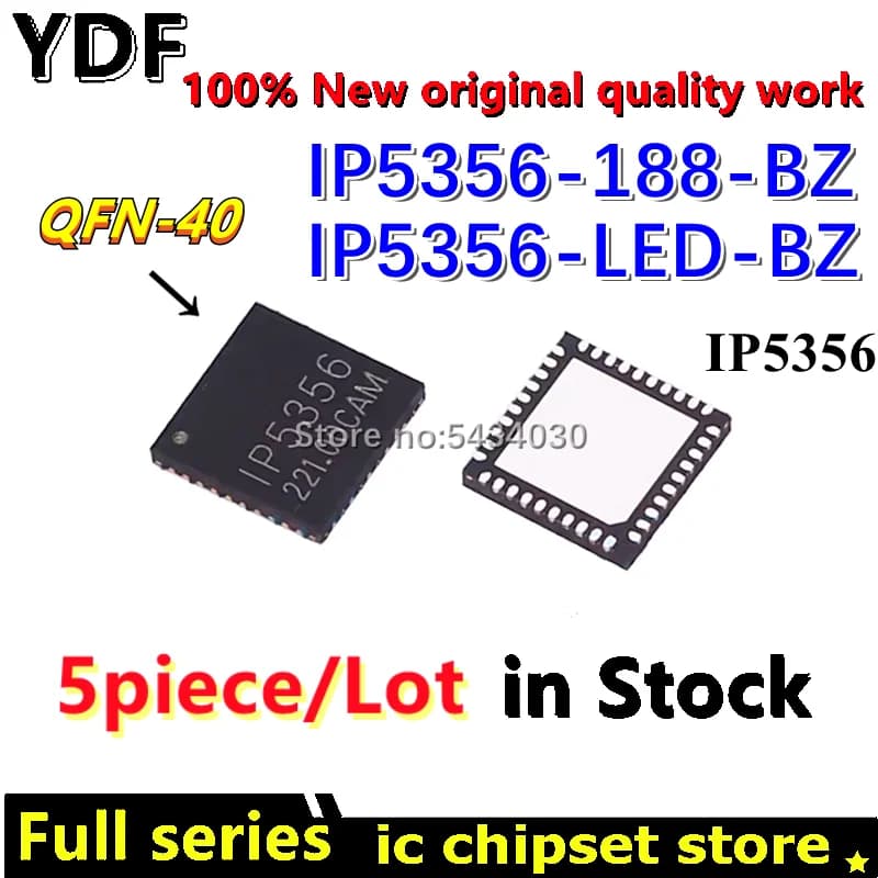 (5 pièces) 100% nouveau jeu de puces IC IP5356-188-BZ IP5356-LED-BZ IP5356 QFN-40 QFN40