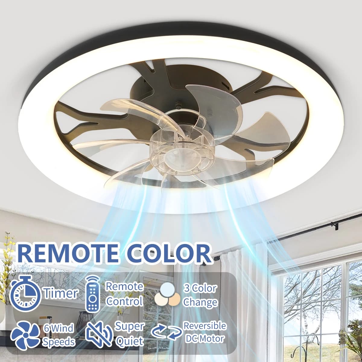 Ventilateur de plafond nordique avec lumières LED et télécommande, design encastré, intensité réglab