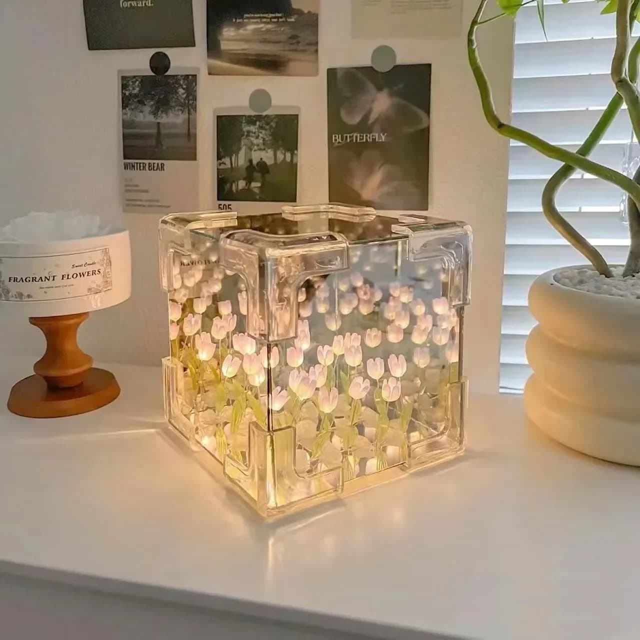 Bricolage tulipe miroir Cube lampe Simulation fleur chambre Table de couchage lampe à la main artisa