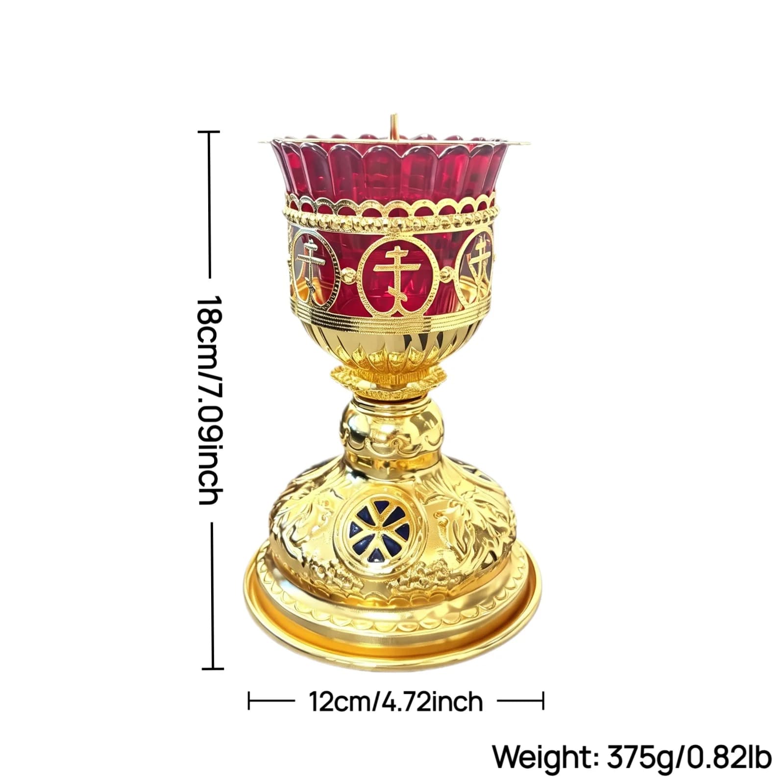 Lampe de veilleuse byzantine traditionnelle en métal doré avec verre rouge, porte-bougie sur pied po