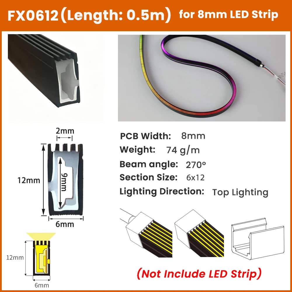 Tube diffuseur en silicone pour bande lumineuse LED de 0,5 à 5 m, anti-éblouissement, flexible, prot