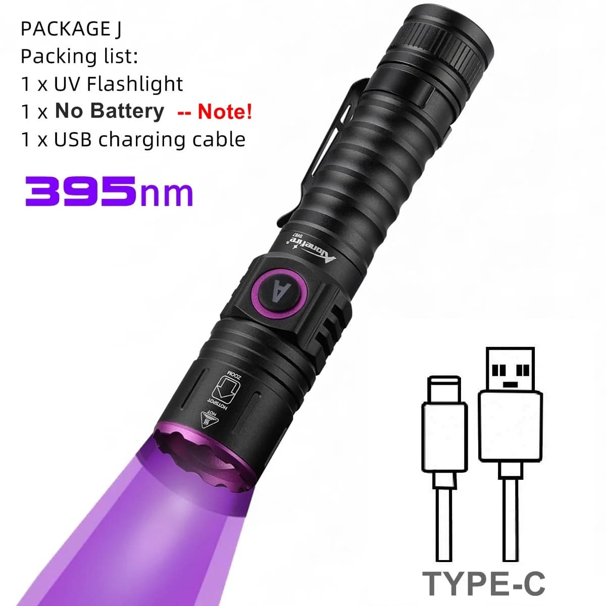 Zoom UV lampe de poche LED 365 395nm type-c charge marqueur d'encre Invisible chat chien Urine Tinea