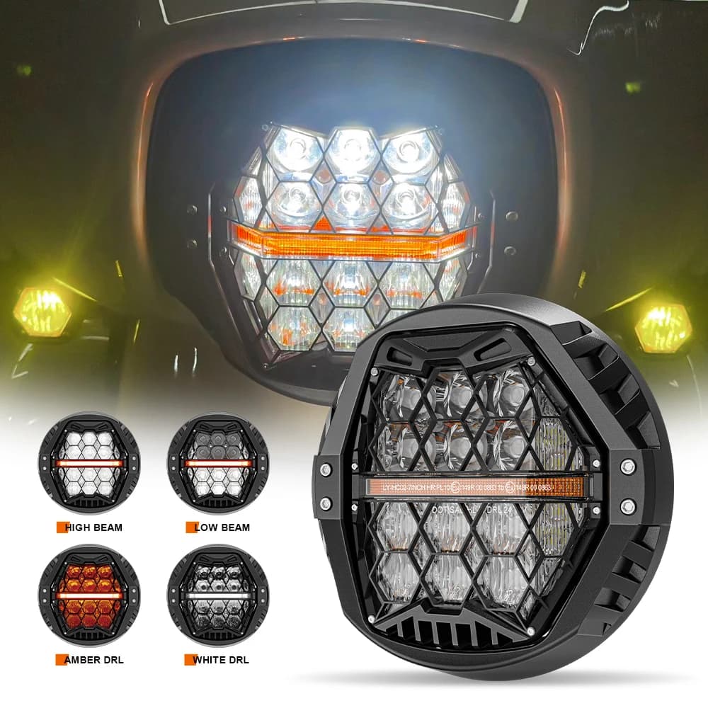 Phare LED DRL E24 de 7 pouces, pour Harley Touring Street Glide 2014 – 2023, phare de moto ambre DRL
