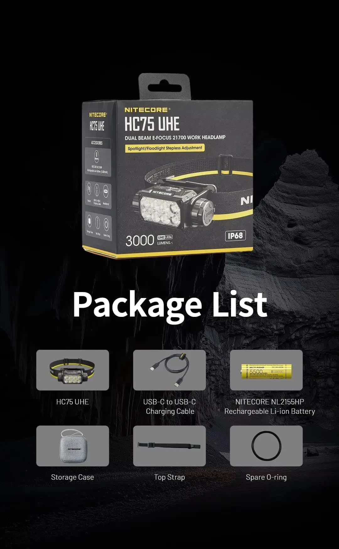 Lampe frontale rechargeable NITECORE HC75 UHE 5500mAh 3000 Lumens avec réglage de la mise au point,