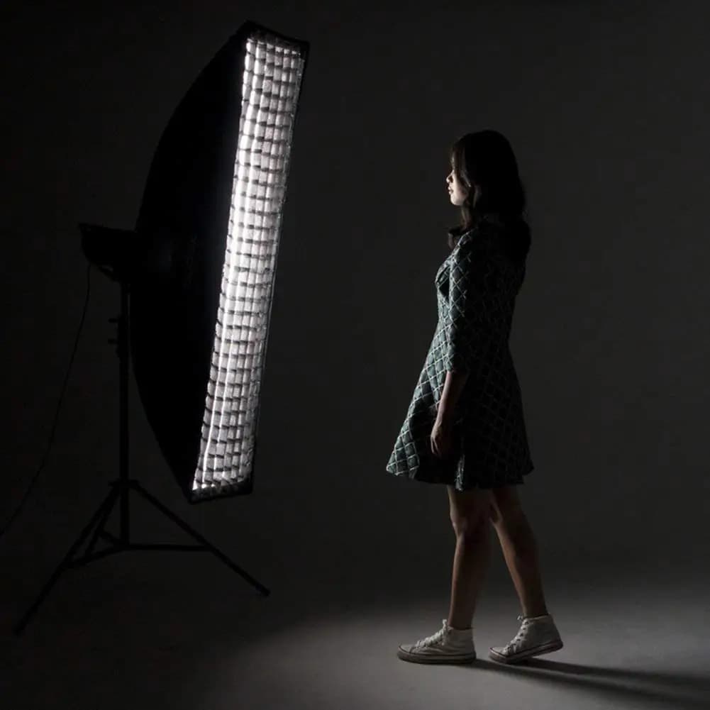 Softbox rectangulaire 35 x 160 cm avec grille nid d'abeille et filet en maille pour flash de studio