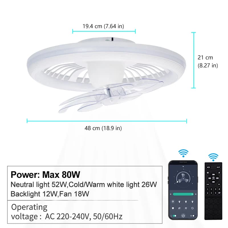 Ventilateur de plafond moderne avec lumière, télécommande, gradation progressive, 360° ° Ventilate