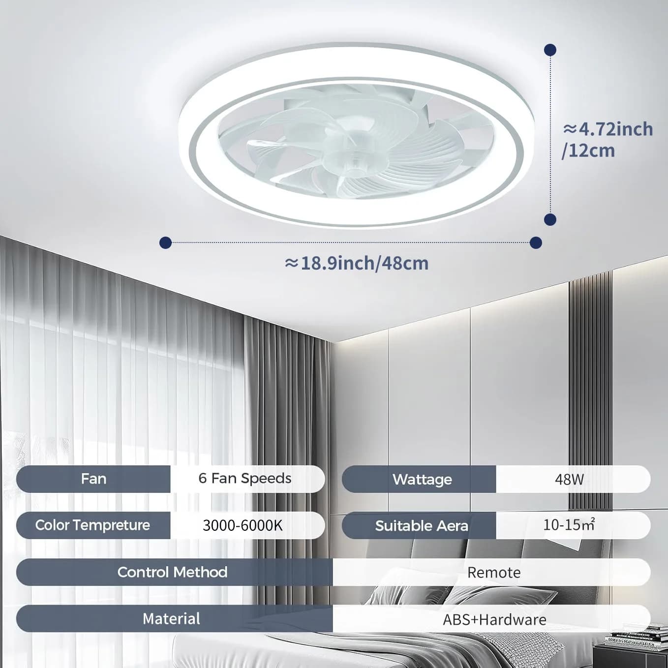 Ventilateur de plafond LED intégré pour chambre à coucher, 48 cm pour salon et salle à manger, téléc