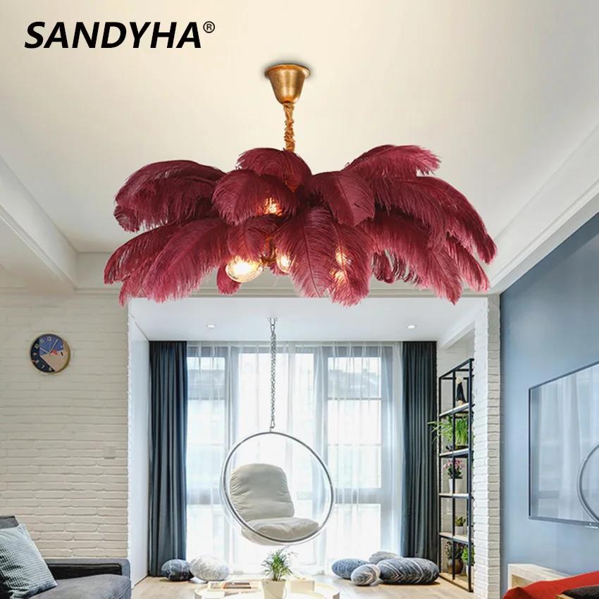 SANDYHA-Plafonnier LED en plumes d'autruche de luxe nordique, noir, blanc, rose, marron, salon, chambre à coucher, lampes suspendues