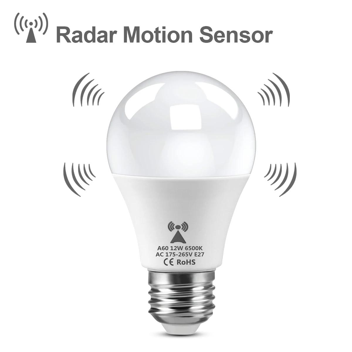 Ampoule LED de détection de Radar à micro-ondes, 220V E27, 12W, lampe à Induction de mouvement, Radar intégré/capteurs de lumière pour escaliers domestiques
