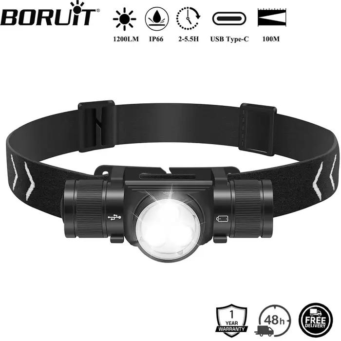 BORUiT HP330 3 * LED lampe frontale 1200LM puissant type-c rechargeable phare étanche Camping pêche
