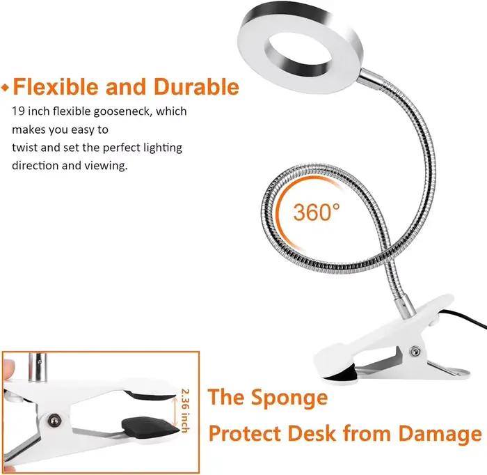 Lampes de lecture LED à col de cygne flexible à 360 °, lampe de table à intensité variable, pince à