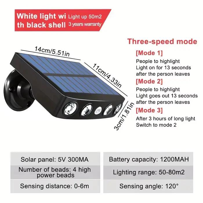 Lampes de sécurité solaires étanches à 4 LED pour décoration extérieure, détecteur de mouvement, 3 m