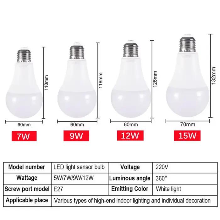 VzzUoo LED E27 capteur de contrôle de la lumière ampoule 12W 9W 7W AC85-265V jour veilleuse Auto ON