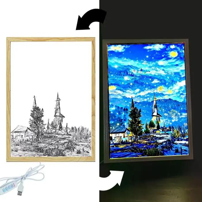 Peinture lumineuse cadre photo Led veilleuse lune lampe Van Gogh ciel étoilé mur Art Oficina chambre