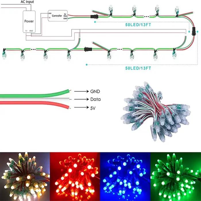 50pcs DC 5V 12V WS2811 Module de lumière de pixel LED polychrome 12mm 10cm fils IP68 étanche RGB cou