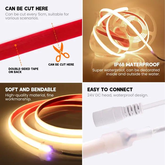 Tuya Wifi Smart COB LED bande lumineuse IP68 étanche COB LED bande 12V 24V 320leds Dimmable Flexible