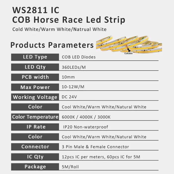 WS2811 COB IC flux d'eau courante LED bande lumineuse DC 24 V chaud blanc froid ruban flexible ON OF