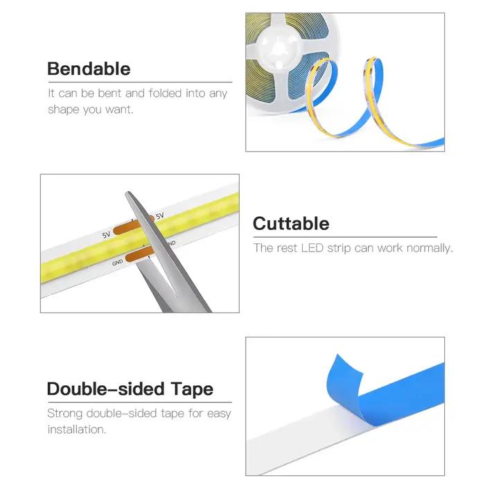 Bande LED COB alimentée par USB, DC5V, avec télécommande RF variable, 1/2/3/5M, bande LED Flexible p