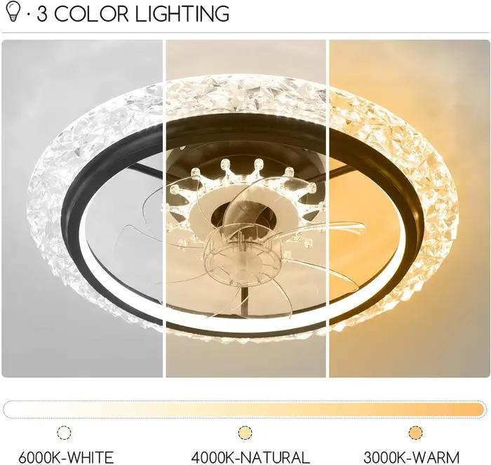 Gérwith Lights and Remote, Plafonnier en cristal à montage encastré noir, 20 po, 3 couleurs, chronom
