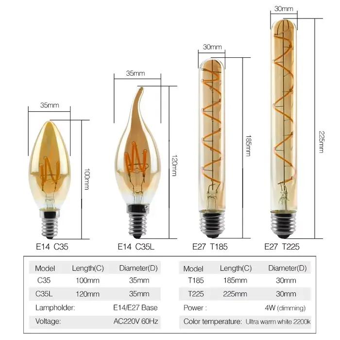 Lampes rétro Vintage 4W 2200K, ampoule à Filament LED en spirale A60 ST64 G95 G125, éclairage décora