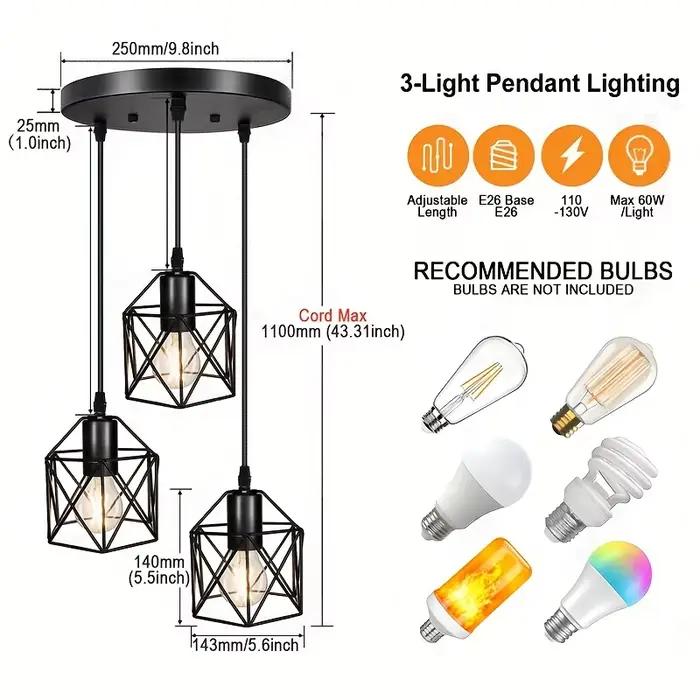 Lampe à suspension vintage à 3 têtes, lustre de plafond, abat-jour en métal E27 noir, adapté au salo
