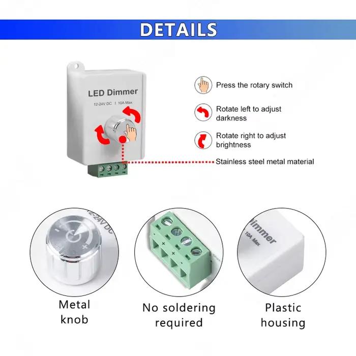 Nouveau Mini bouton LED variateur DC 12V 24V 10A 1 canal contrôleur d'éclairage rotatif en métal pou