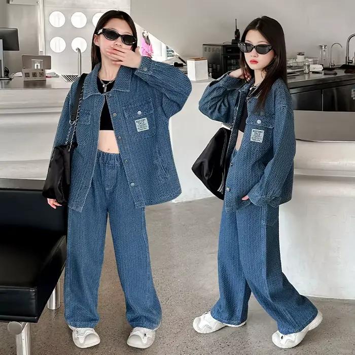 Ensemble veste et pantalon jacquard en denim pour filles, 2 pièces, design, jeans à jambes larges, c