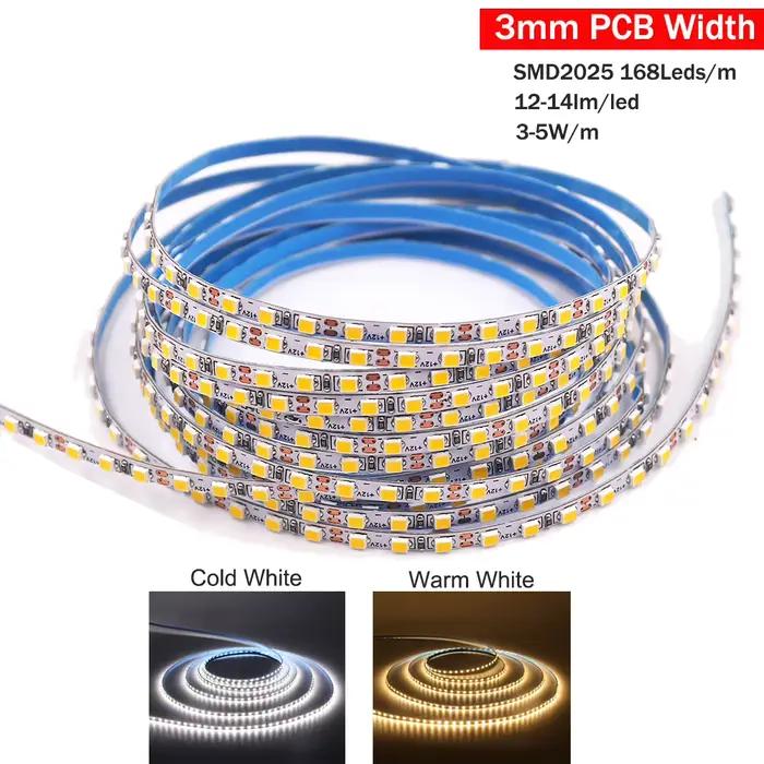Bande lumineuse LED à largeur étroite de 3mm, 5M DC12V 2025, 168 diodes/m, 4mm, 2835, 120 diodes, corde lumineuse, ruban LED Flexible, rétro-éclairage