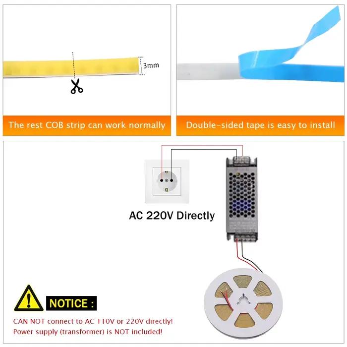 Bande Lumineuse LED COB Ultra Fine, Haute Densité, Linéaire, Blanc Chaud, Rouge, Vert, Bleu Glacé, Rose, Jaune, 3mm, 5V, 12V, 320 Gible/m