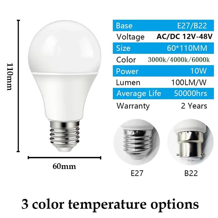 Ampoule LED basse tension AC DC 12V 24V 48V A60 E27 B22, lampes 10W, ampoule pour éclairage solaire LED 12 volts