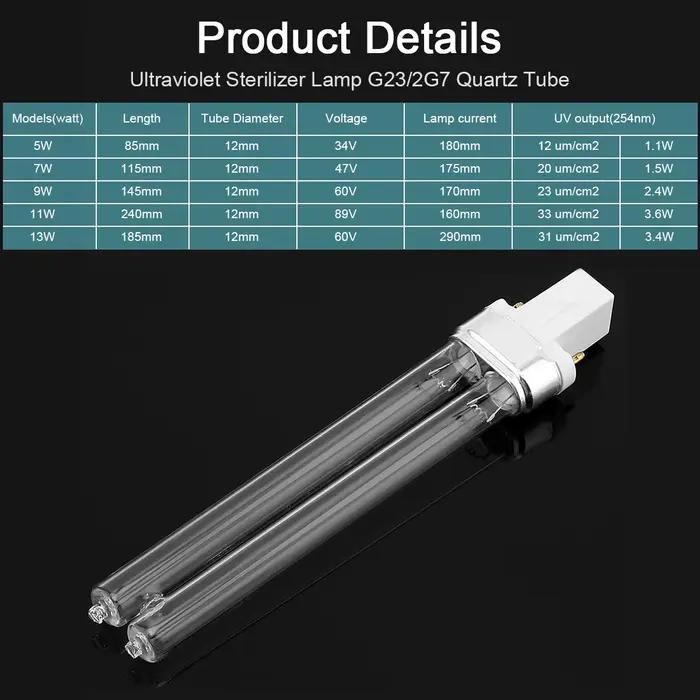 Lampe ultraviolette UV-9W 5W 7W 11W, 2 pièces, UVC 254nm, désinfection de l'eau et de l'air, stérilisateur de Purification, Tube en forme de H 9W pour germicide