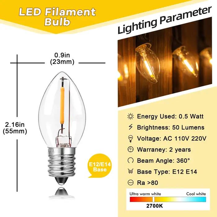 Paquet de 6 ampoules LED candélabres C7 0.5W E12 E14 Base de lustre 7W à incandescence équivalent Vintage bougie de noël ampoule Edison