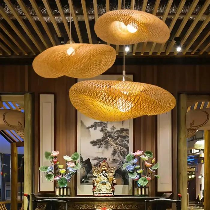 Bambou tissage pendentif LED lumière fait à la main Vintage maison suspendu lustre éclairage salon cuisine rotin tissé suspension