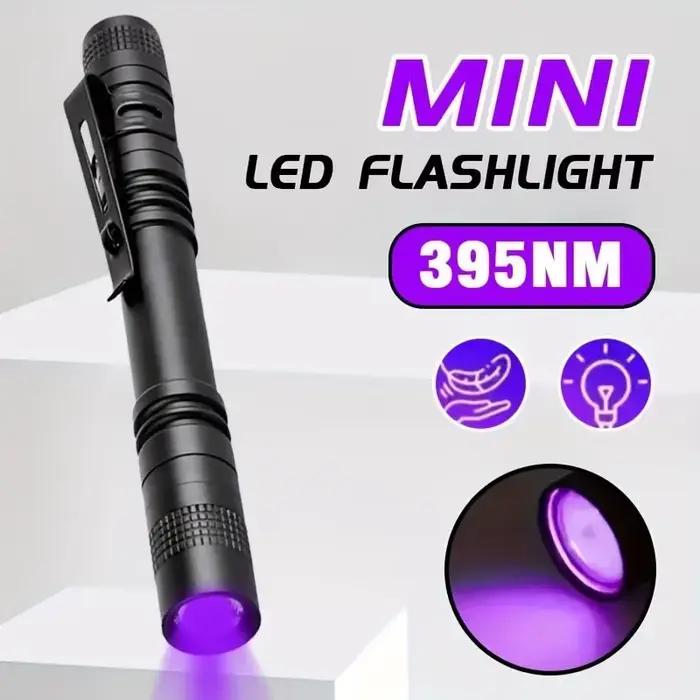 Lampe de poche UV 395nm, torche ultraviolette avec pince à stylo, lumière violette Portable, détecteur d'urine animale et de Scorpion, lampe UV, utiliser des piles AAA