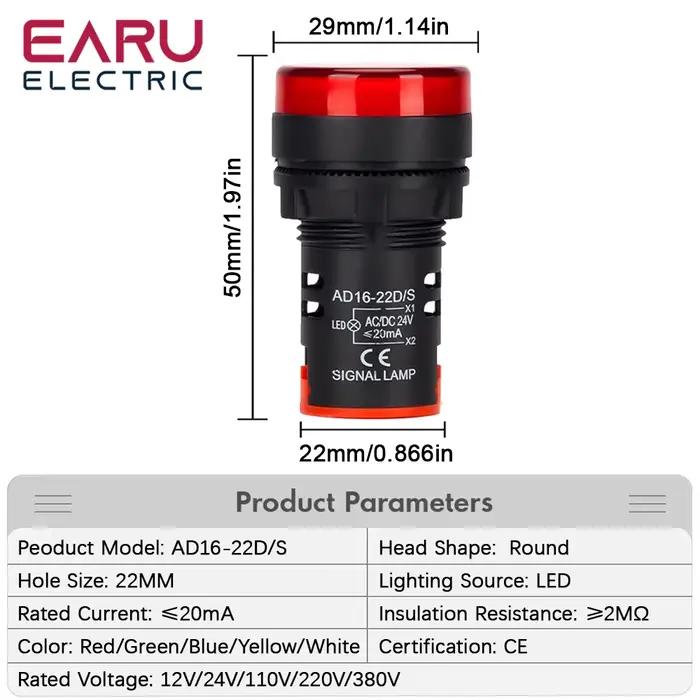 EARU 22MM Panneau LED, voyant électronique, lampe de signalisation, AC DC 12V 24V 110V 220V 380V Rouge Vert Jaune Bleu Blanc