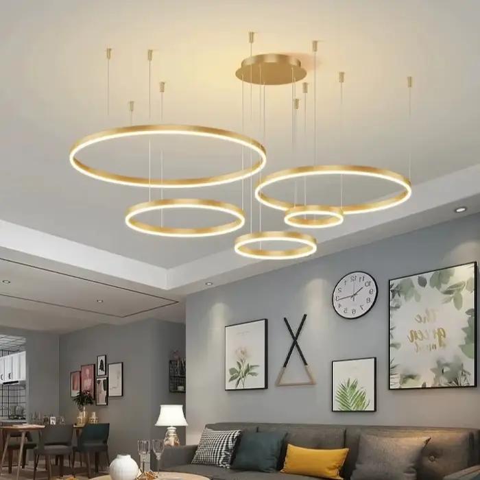 Anneaux en aluminium modernes lustres Simple acrylique pendentif LED lumières salon salle à manger maison Restaurant décor luminaires