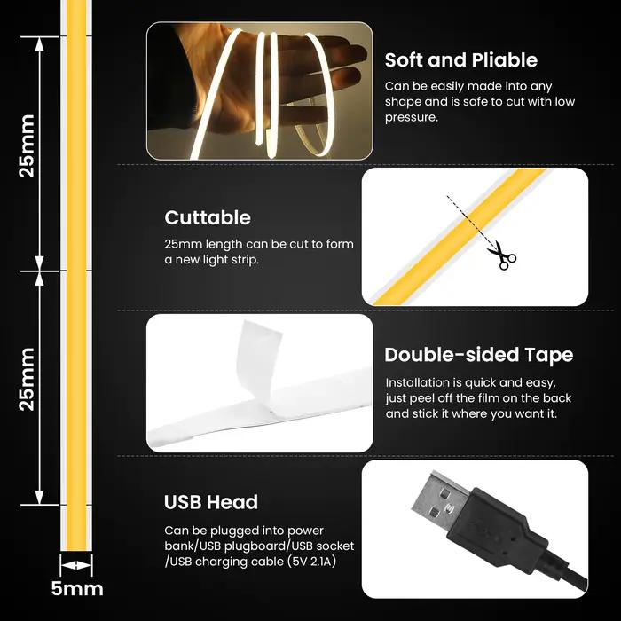 Bande LED COB USB ultra-fine de 5 mm, 5 V, 320 LED/m, rouge/vert/bleu/rose, ruban LED dimmable pour rétroéclairage TV, décoration de meuble et de pièce