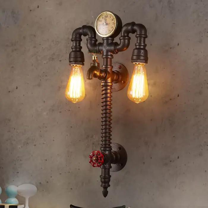 Applique murale industrielle avec horloge vintage, lampe murale rétro en fer pour bar, café, couloir, éclairage décoratif